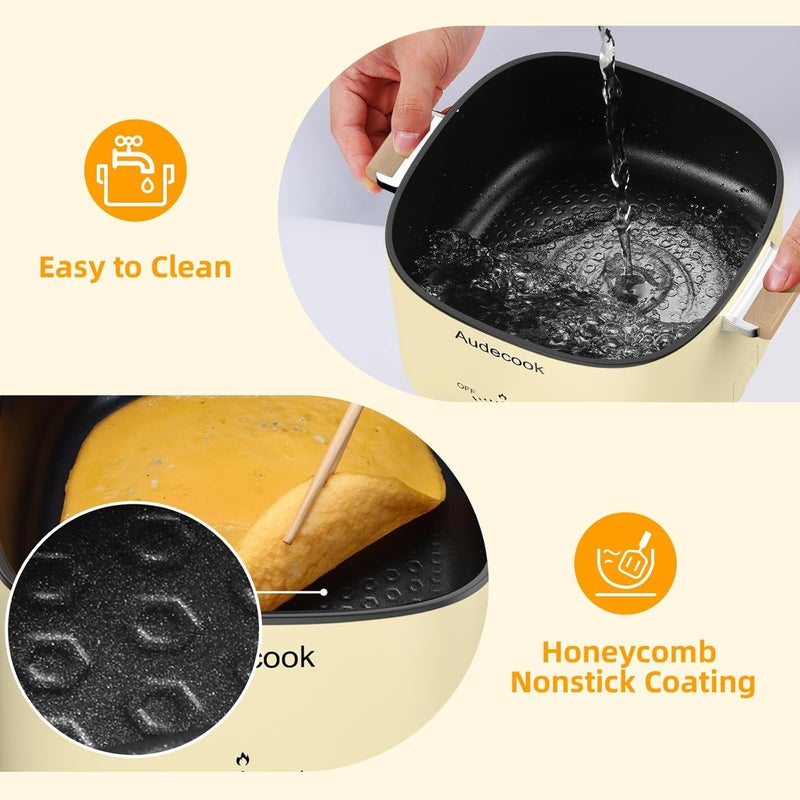 Audecook Hot Pot Electric, 2.5L Portable Nonstick Multicooker for 1-3 Persons, Honeycomb Texture Travel Electric Skillet with Dual Power Temperature Control for Steak/Egg/Noodles/Oatmeal (Beige) - Image 5